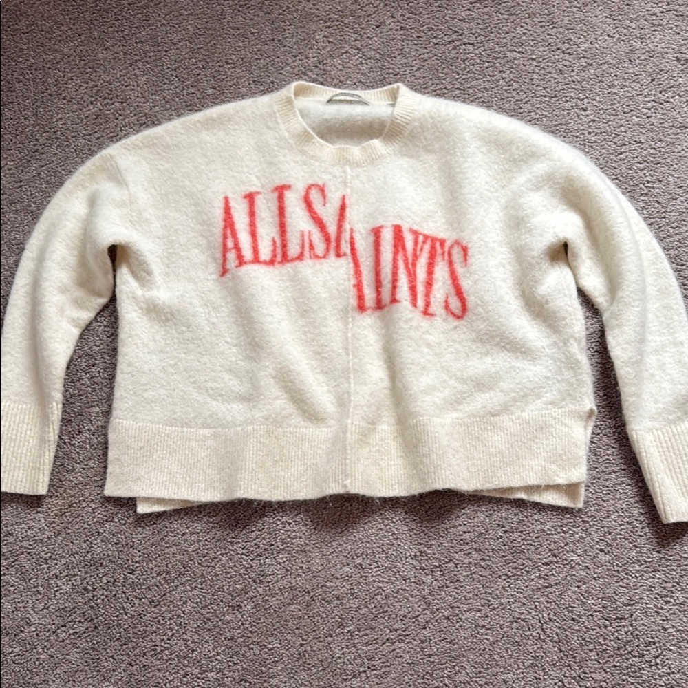 AllSaints Cream Sweater with Red Logo